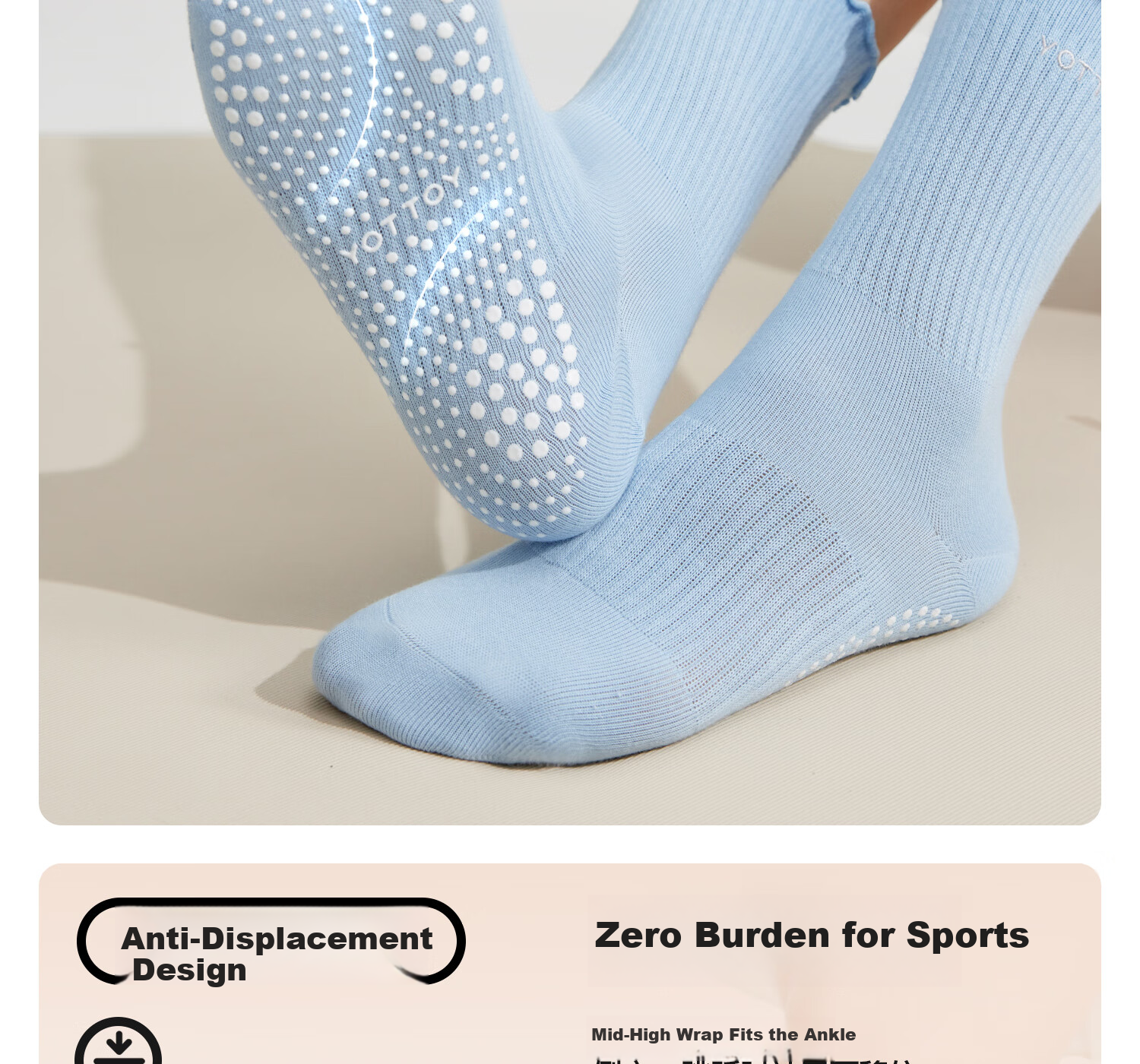 Yottoy Non-Slip Yoga Socks Professional Women's Pilates Knee-High Training Socks Sports Anti-Slip Long Socks Light Cloud Gray 7
