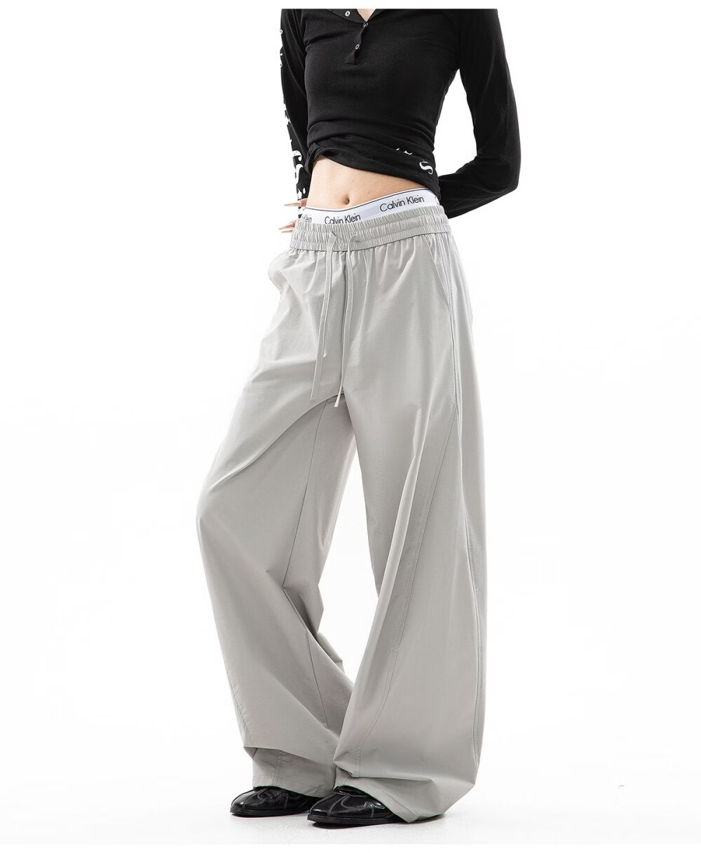 ICH MODE Women's American Style Straight White Pants Summer Loose Popular Cargo Pants Sports Pants Wide Leg Casual Pants Black S 7