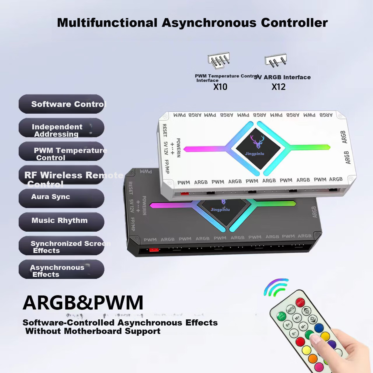 Jingpinlu Multifunctional Asynchronous Controller Black Fan HUB Splitter/Independent Addressing/Asynchronous Control/Same Screen Effects/Remote Control/ARGB Sync PWM Temperature Control