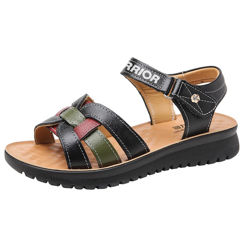 Warrior Mom Sandals 2026 New Summer Non-Slip Soft Sole Genuine Leather Middle-Aged and Elderly Women's Shoes 1150 Black Green Size 39