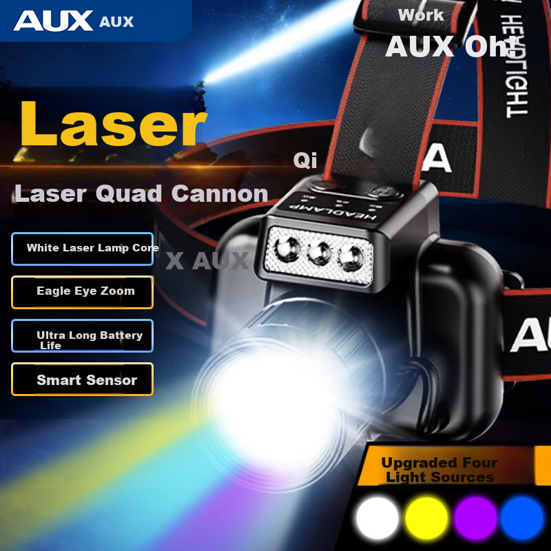 AUX Sensor Headlamp, High Brightness Night Fishing Light, Head-Mounted Flashlight, Long Battery Life, Outdoor Fishing Lamp, for Catching Snakes