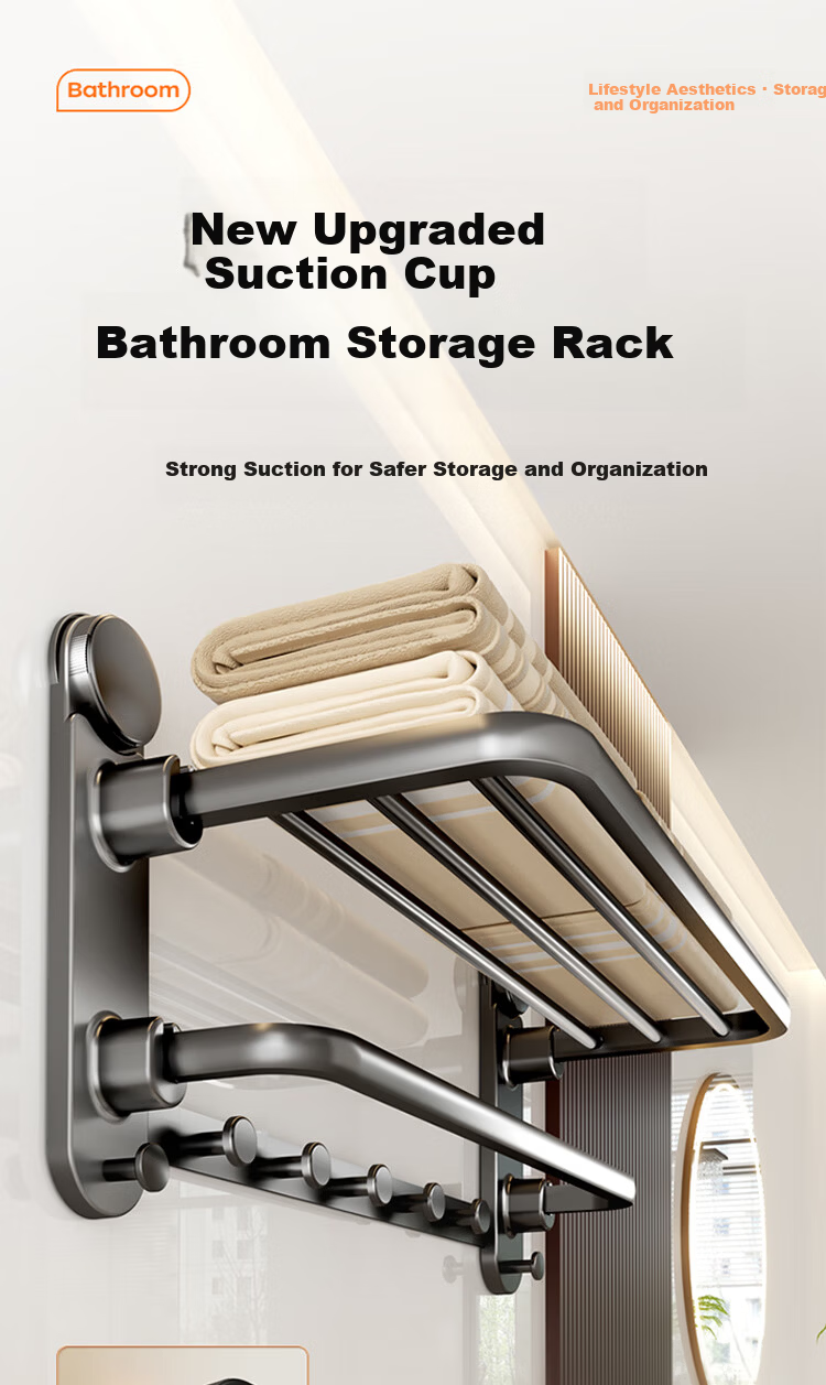 Xinpei Suction Cup Towel Rack, Bathroom Storage Shelf, No Drilling Required, Foldable Bath Towel Holder, Wall-Mounted Storage Rack for Toilet 1