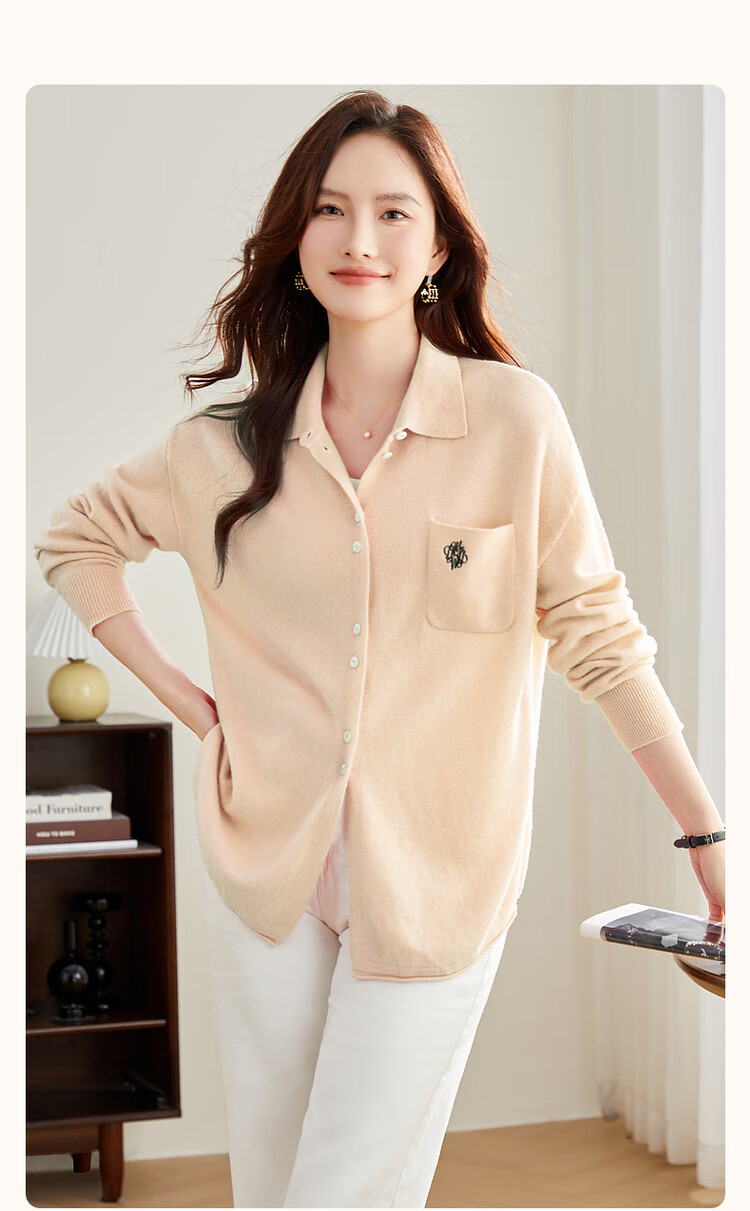 Dme [100% Merino Wool Shirt-Style Sweater], Winter Lapel Cardigan, Letter Embroidery Knit Sweater, Women's Top 1