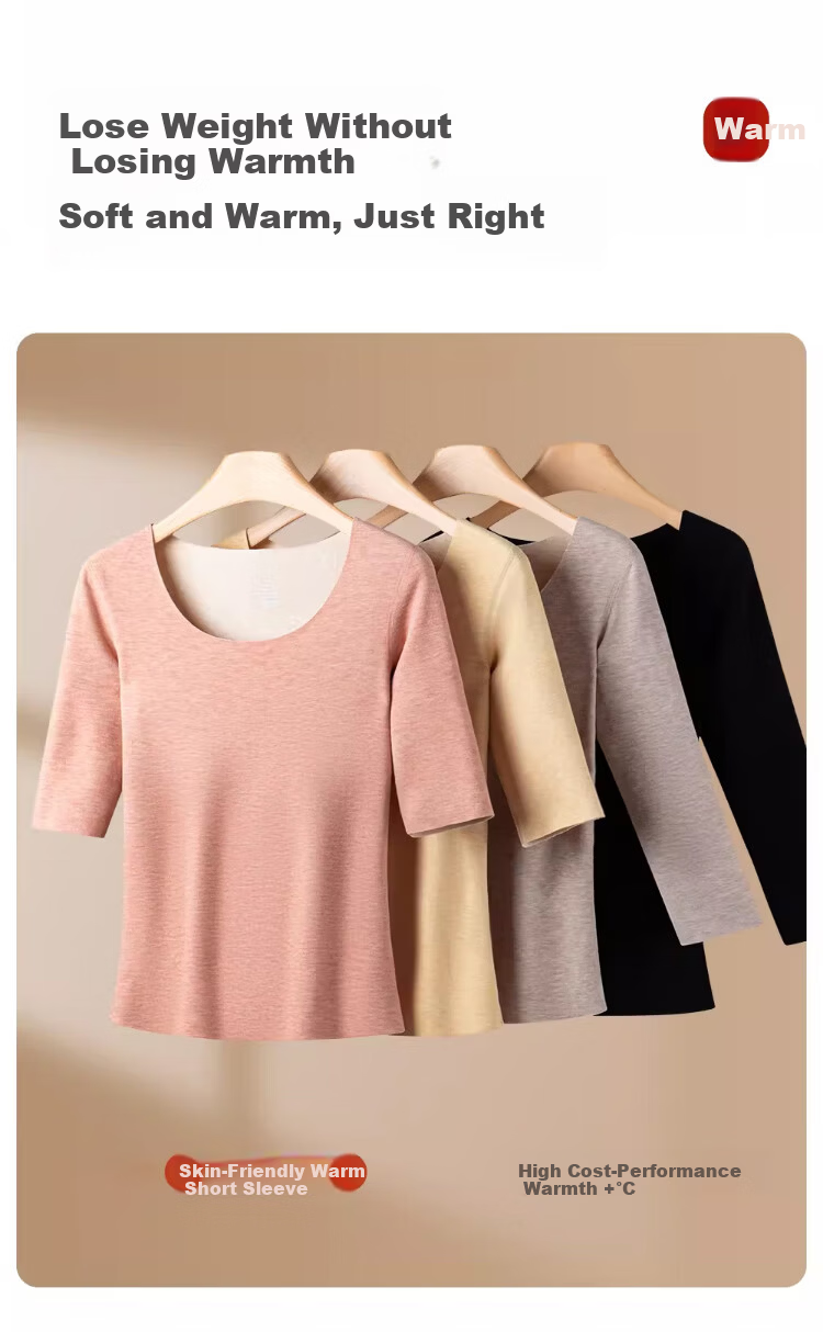 Caiyue Women's Warm Short Sleeve Wool and Silk Seamless Thermal Fleece Vest Five-Point and Seven-Point Sleeve Base Layer Top 10