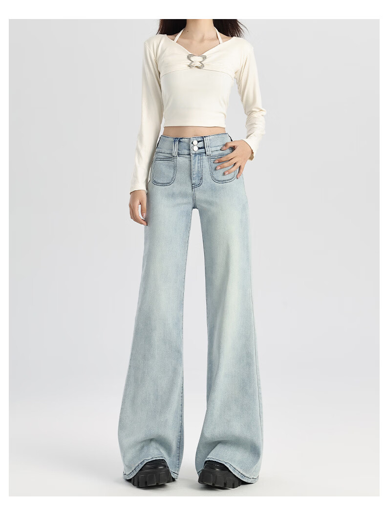 Pierre Cardin Jeans for Women, Summer Casual Slimming Heightening Versatile Fashion High-Waisted Wide-Leg Pants, Vintage Blue, Size L 53