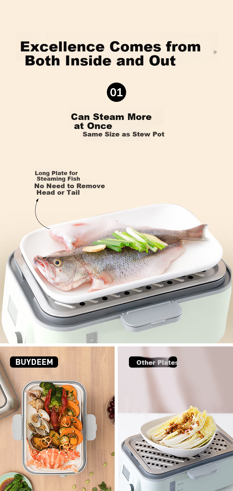 Buydeem A505 36cm Ceramic Steaming Tray Off-White Compatible with Multifunctional Steamer Cooker 3