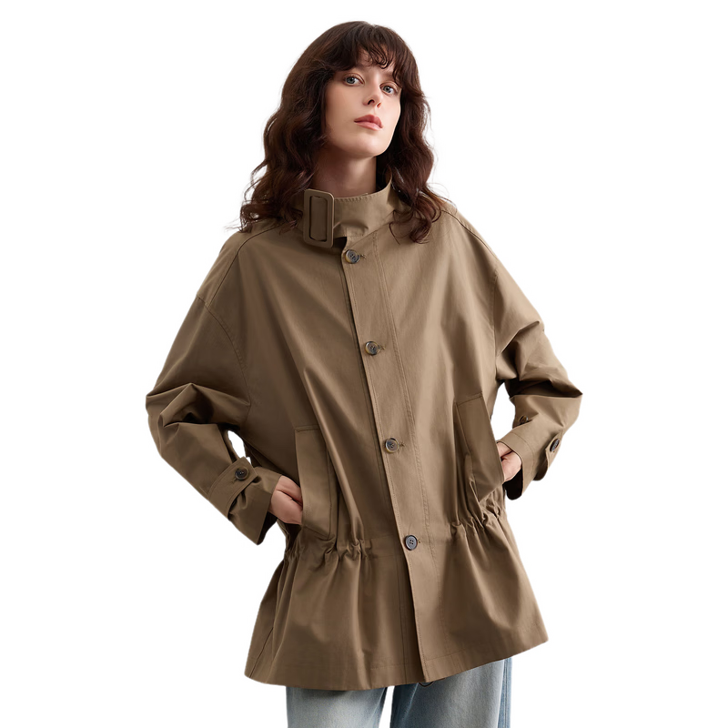 Demana [Cloud Oxygen Cotton Series] Spring Elegant Stand Collar Strap Drawstring Loose Slim Trench Coat for Women High-End Feel