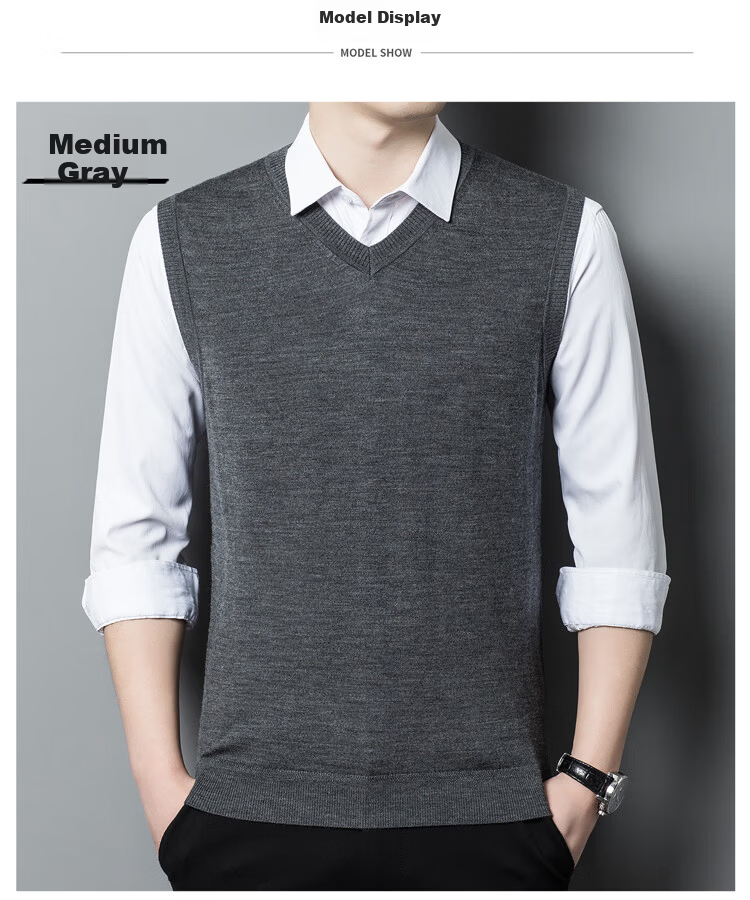 Hengyuanxiang Washable Pure Wool Vest for Men, V-Neck Waistcoat, Fine-Spun Wool Knitted Sleeveless Jacket, Black, Size 170 10