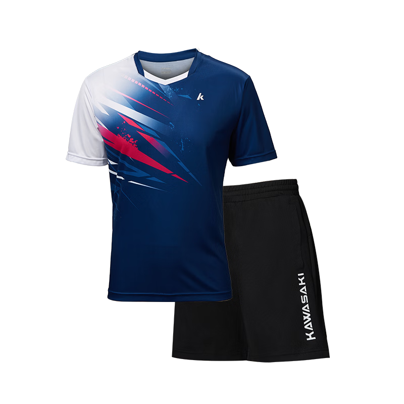 KAWASAKI Badminton Outfit for Men, Professional Sports Round Neck Short-Sleeve + Shorts Set B1815, Navy Blue, XL