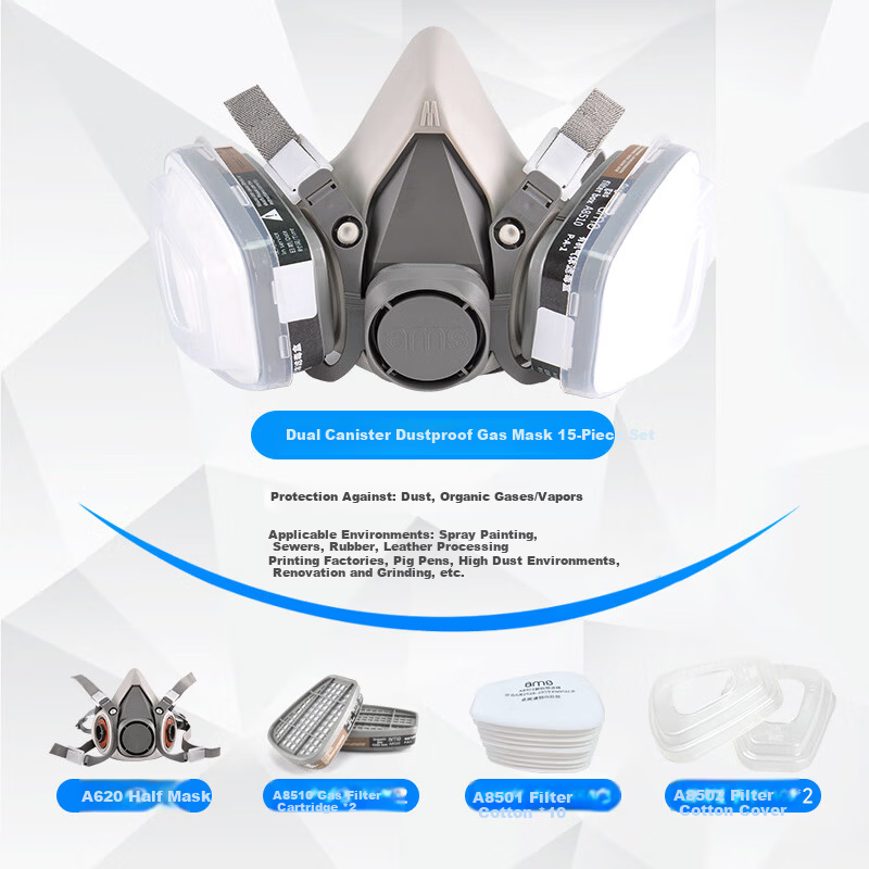 AMS Gas Mask Filter Cartridge for SO2/NO2/HCl Acid Gases, Activated Carbon Protective Respirator with Goggles for Pesticide Spraying, Mining, Factory, and Formaldehyde Protection