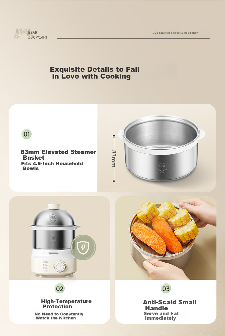 Bear Electric Egg Cooker Steamer 316 Stainless Steel Auto Power-Off Double Layer Multifunctional Breakfast Egg Cooker ZDQ-Y14F3 13