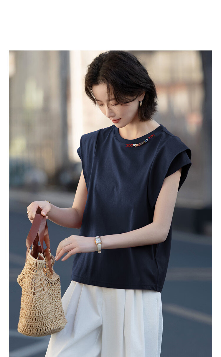 Demana [Cooling Black Technology Sorona] Summer Simple Style Beaded Ruffle Sleeve Slimming Concealing T-Shirt for Women High-End Feel 11