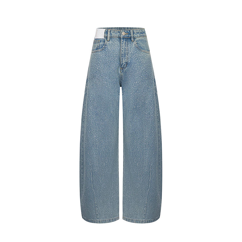 ANN ANDELMAN Starry Rhinestone Embellished Loose Straight-Leg Floor-Length Curved Hem Jeans Blue M (Ni Ni Style)