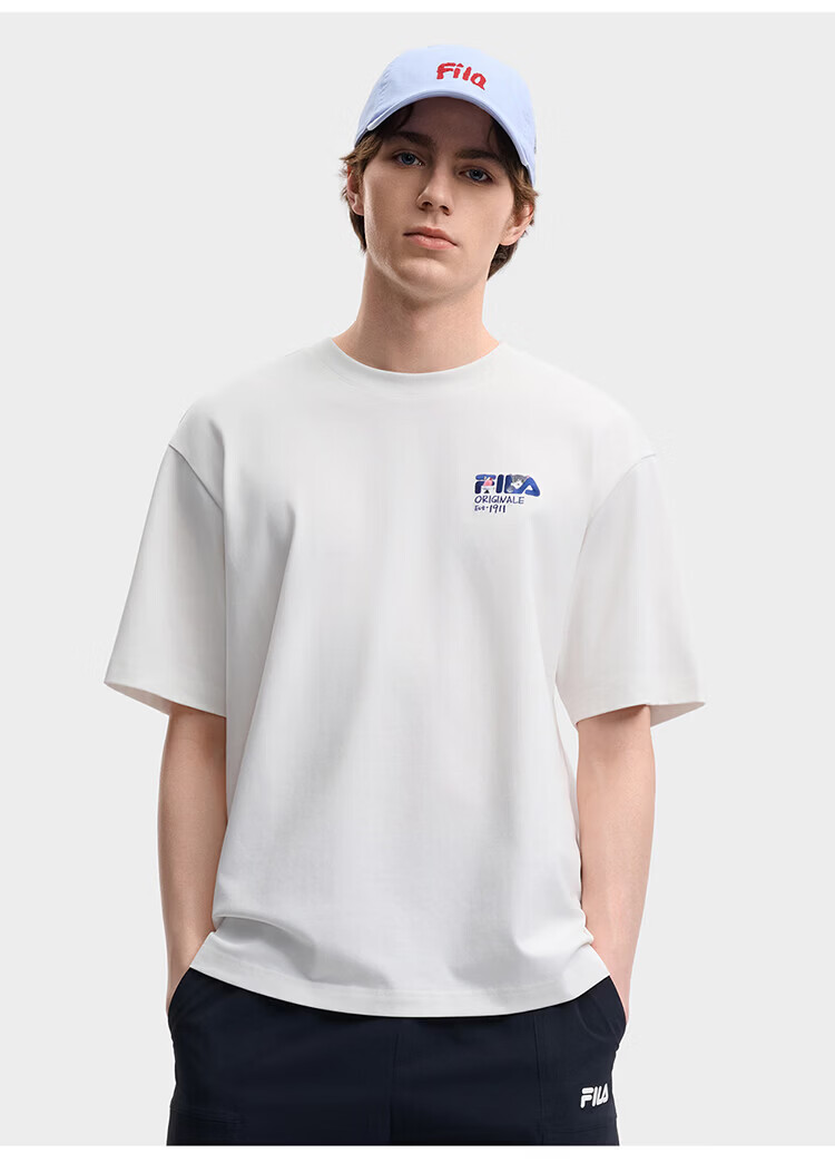 FILA Official Couple's Knitted Short Sleeve Shirt 2026 Summer Fashion Casual Unisex Loose Cat Embroidery T-Shirt 69