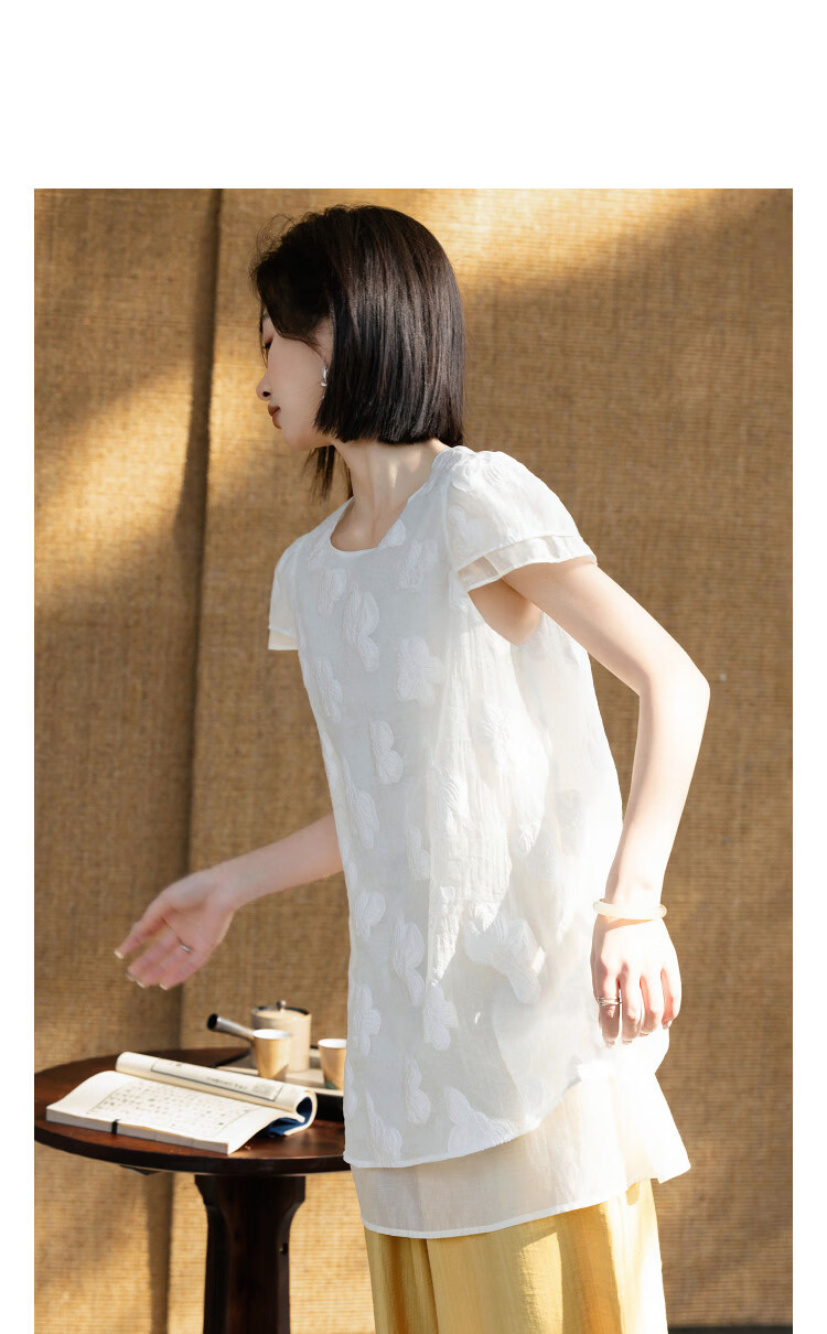 Demana [Lyocell] Summer Elegant Urban Style Round Neck Embroidered Cap Sleeve Patchwork Loose Slim Shirt for Women Premium Feel 11