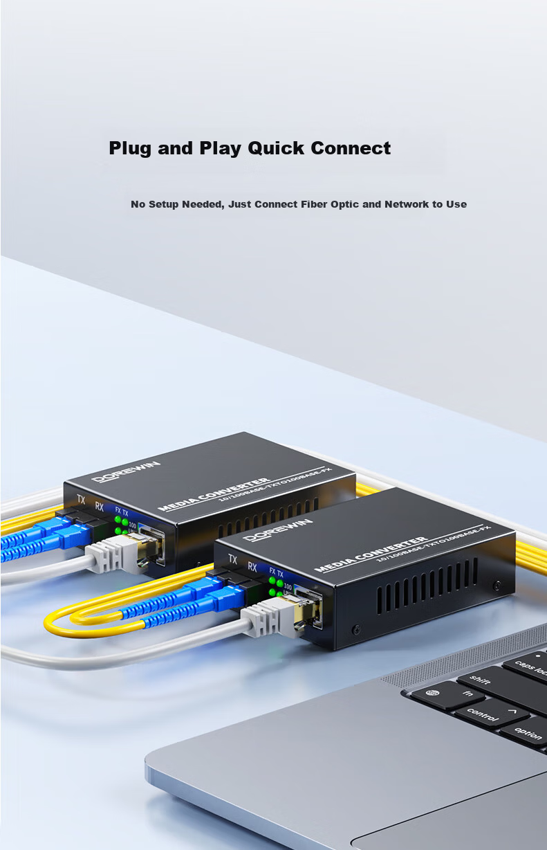 DOREWIN 100Mbps Single-Mode Dual-Fiber Optical Transceiver Lightning Surge Protected Fiber to Ethernet Converter Network Monitoring SC Interface 20KM Single Unit 8