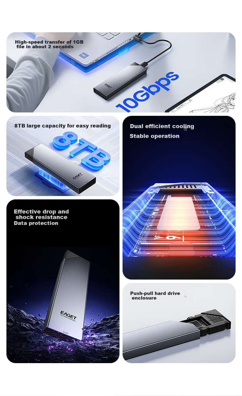Eaget M.2 NVMe Single Protocol 10Gbps SSD Enclosure Type-C USB 3.2 External Hard Drive Case for Laptop Apple 15 External SSD Enclosure 2