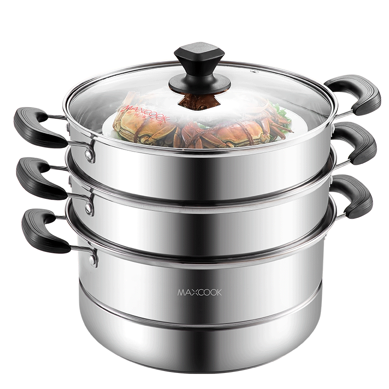 MAXCOOK Three-Layer Steamer Pot 28CM Stainless Steel Steamer with Thickened Base for Steaming And Cooking Dual-Purpose Compatible with Gas And Induction Stoves