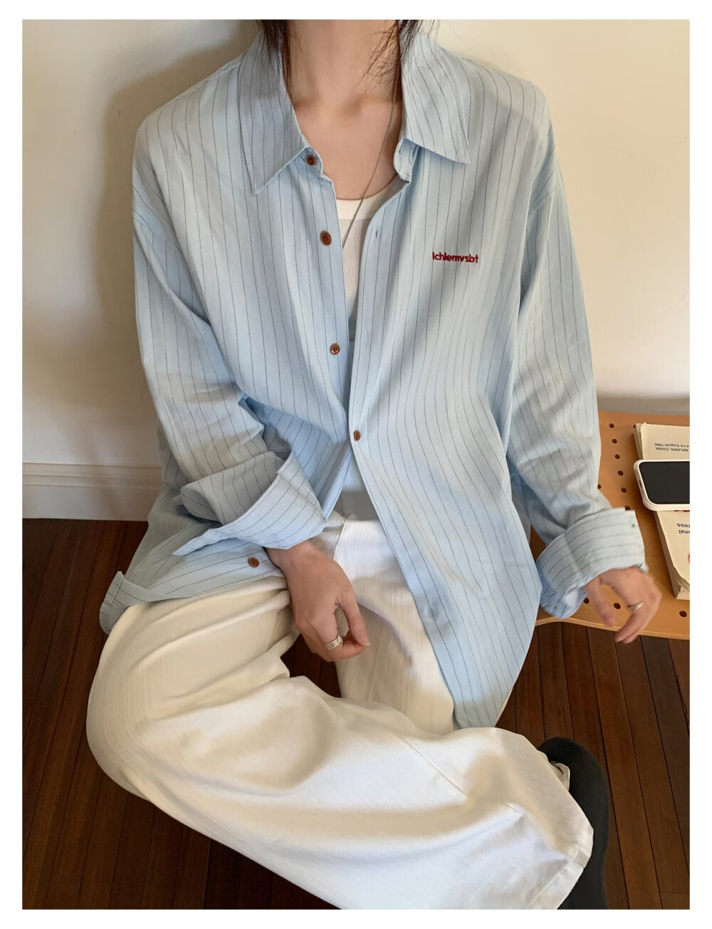 ICH MODE Solid Color Small Logo Letter Loose Physical Sun Protection Casual Versatile Lazy Women's Jacket Shirt Blue L 8