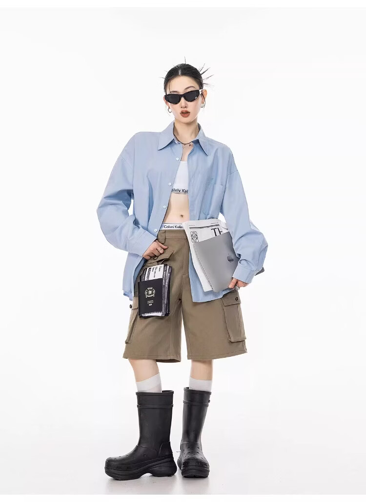 ICH MODE Blue Long Sleeve Women's Shirt Summer Loose Casual Blouse Versatile Trendy Top Jacket Blue S 21