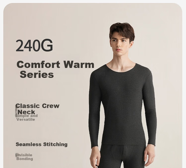 LangSha Men's Thermal Underwear Thin Round Neck Wool Silk Reversible Double-Sided Fleece Autumn Shirt and Pants Set 10