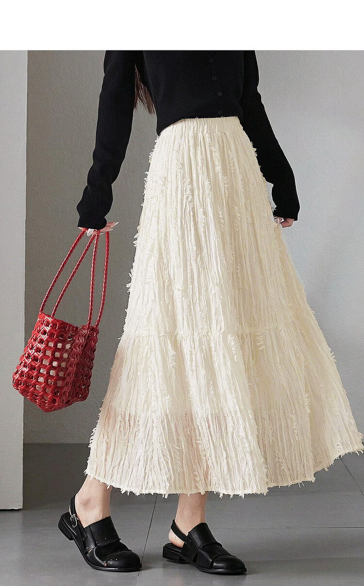 Demana "Yunshang Wubai" Summer Crinkled Texture Tassel Mesh Skirt Lightweight Flowing A-Line Long Skirt for Women 4
