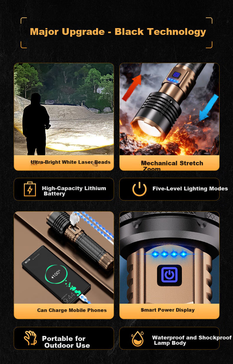 AIC High-Power Flashlight Long Battery Life Outdoor Survival Large Capacity Rechargeable Long-Range Tactical Torch 2