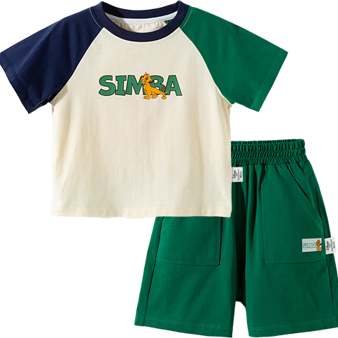 Disney The Lion King Summer New Boys Lightweight Breathable T-Shirt and Shorts Casual Two-Piece Set Green 110