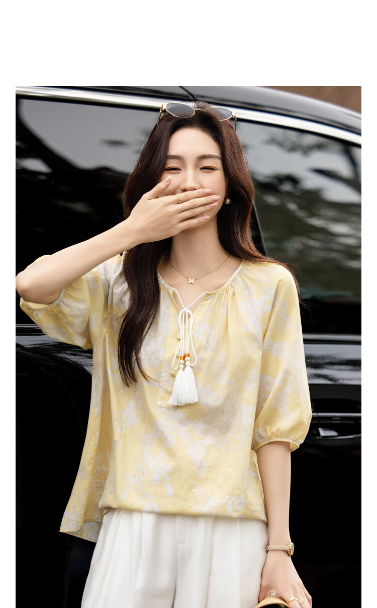 Demana Oxygen Pure Cotton Summer Romantic Vacation Style Tassel Tie Loose Slim Fit Petite Shirt for Women High-End Feel 10