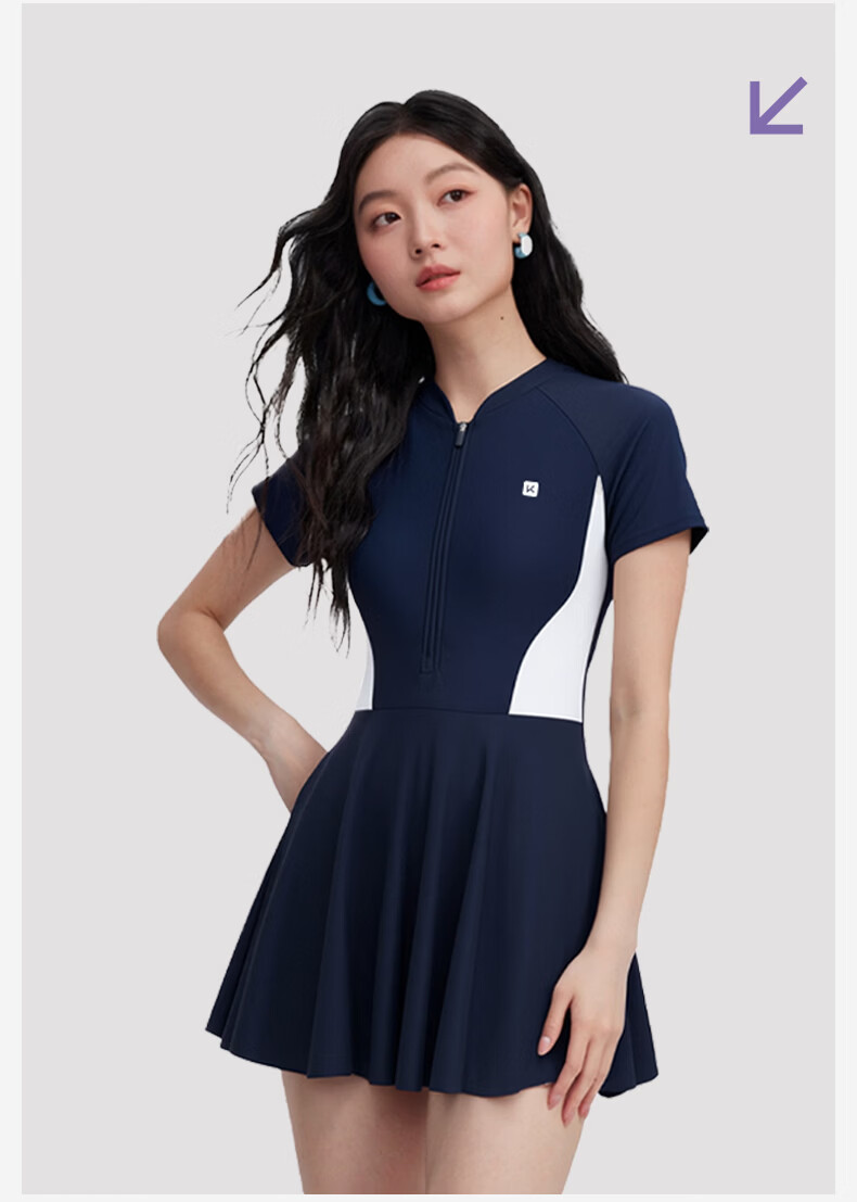 Keep Xiaomanyao Women's One-Piece Skirt Swimsuit Conservative Slimming Modest Hot Spring Vacation Swimsuit Navy Blue M 3