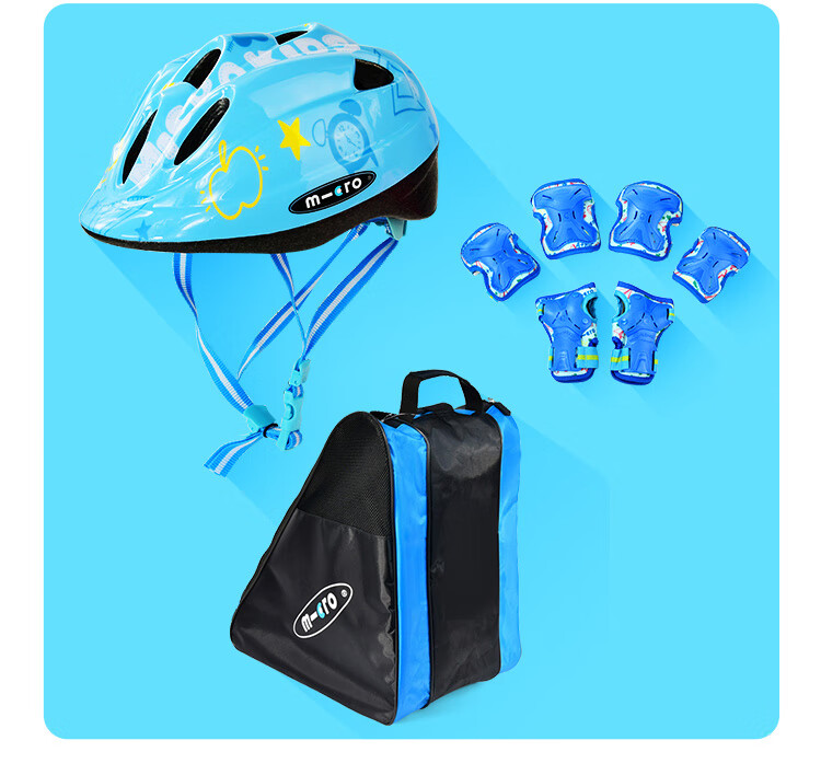 Micro Maiguo Children's Helmet, Roller Skating Protective Gear, Ice Skating And Cycling Hand Guards, Elbow Pads, Knee Pads, FLY Blue Package, Size M 18