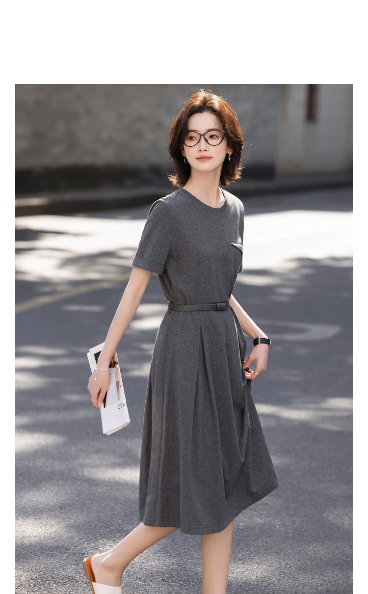Demana Qingshuang Solona Summer Simple Round Neck Striped Patch Pocket Waist Slimming Dress for Women Premium Feel 11