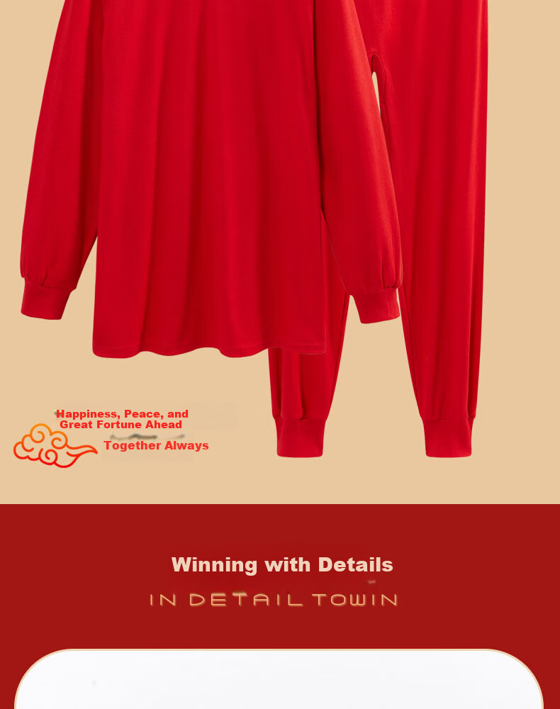 Bejirog Women's Pure Cotton Red Thermal Underwear Set for Middle-aged and Elderly, Lucky Character, Mid-neck, 2XL 7