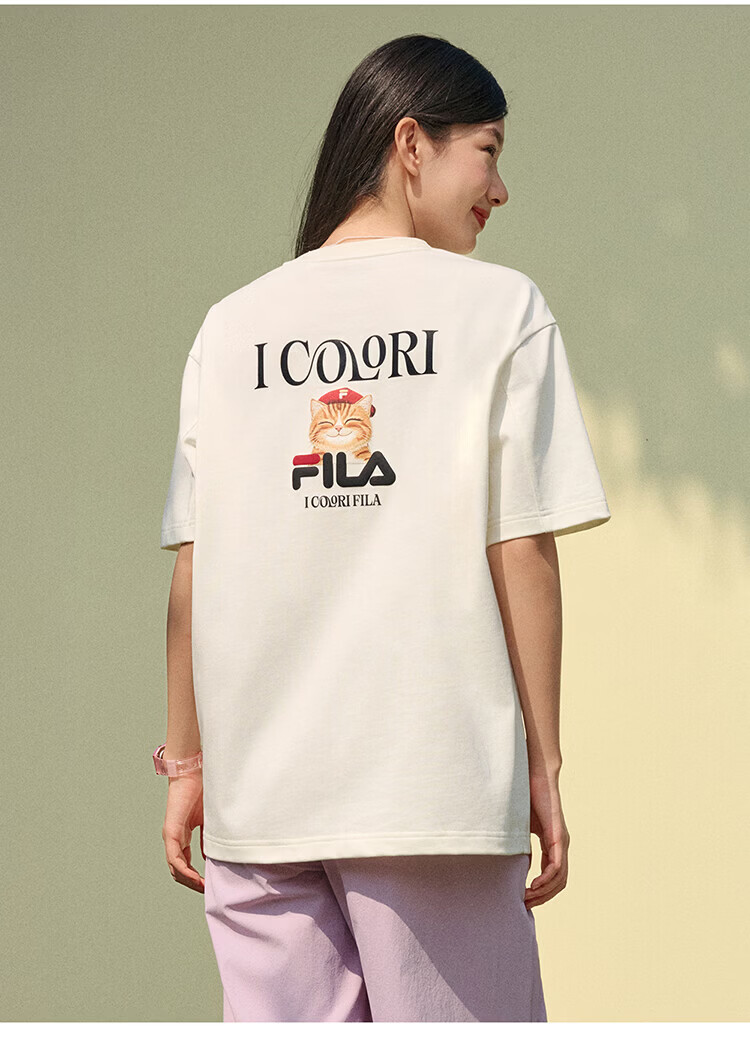 FILA Official 2026 Summer Couple Short Sleeve T-Shirt Casual Loose Fit Cotton Cat Knit Tee 53