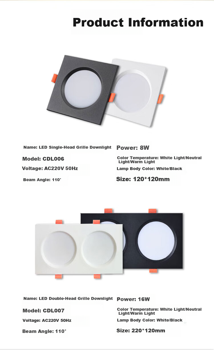 CARE LED Dual-Head Grid Downlight 22x12cm 16W Cool White Corridor Grid Ceiling Minimalist Downlight Black Housing 6