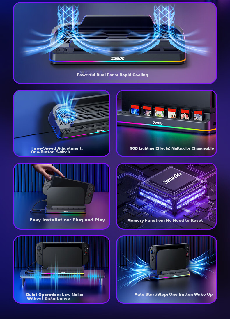 Jemdo Cooling Base Fan for Nintendo Switch 2 OLED Storage Stand Cooling Device NS Auto Start-Stop Game Card TV Mode Accessory 3