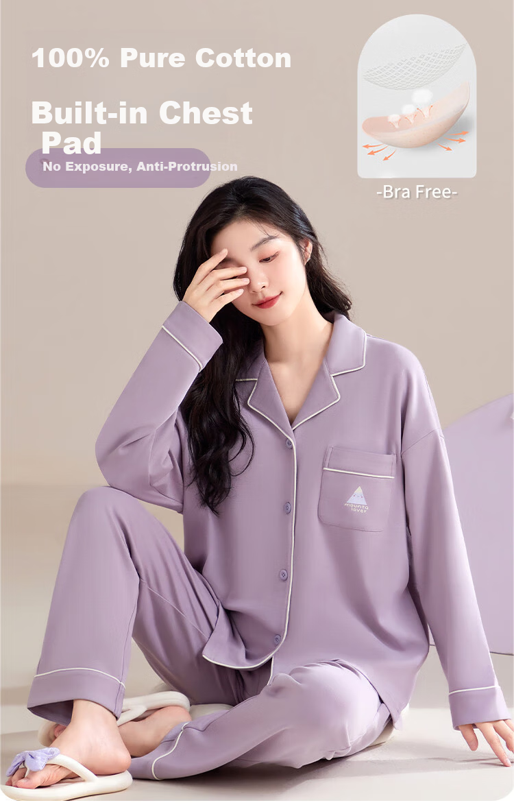Langsha Women's 100% Cotton Sleepwear Set with Built-in Bra, Soft and Comfortable Homewear for Spring and Summer, Purple, Suitable for Outdoor Wear 1
