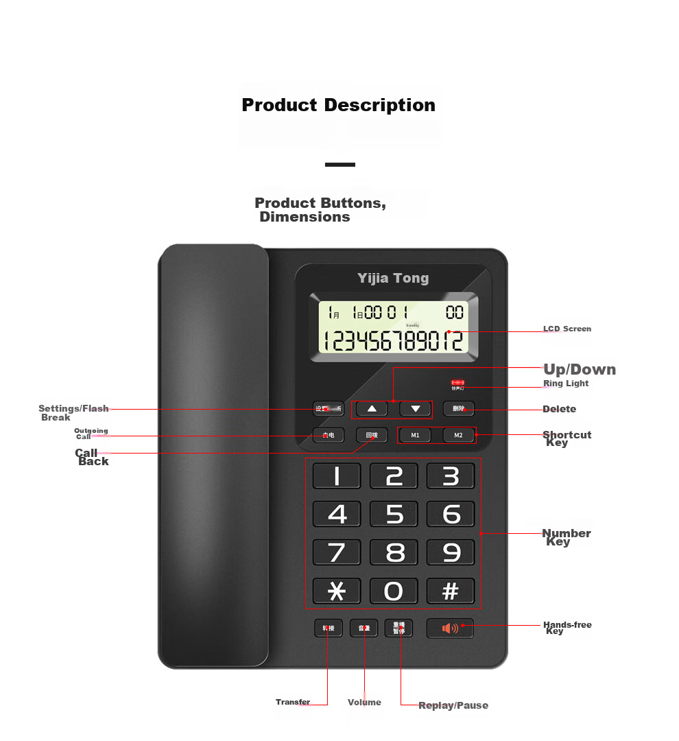 Yijiatong Landline Telephone, Fixed-Line Phone for Business Office And Home Use, Dual Interface with Ringtone Volume Adjustment, Redial, Replay, Flashing, And Caller ID Display, T60 Ruhei 17