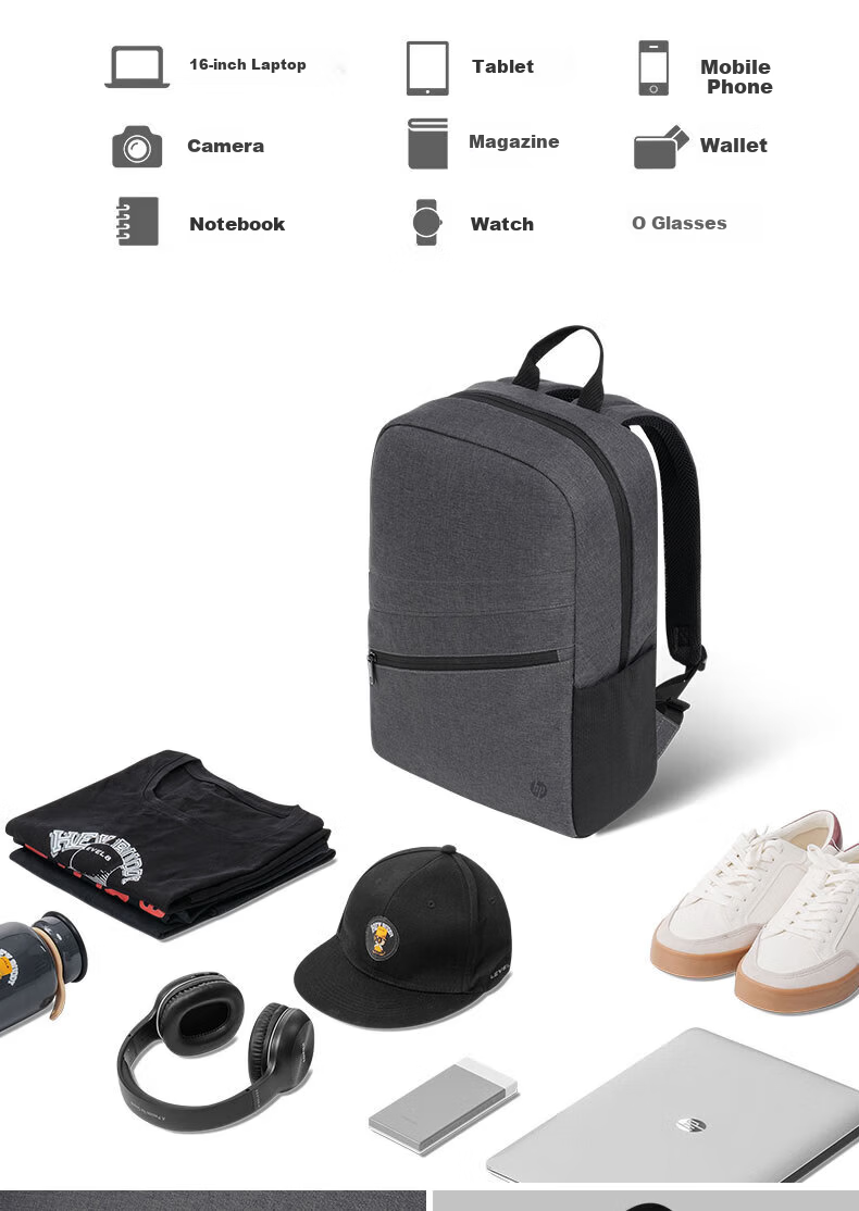 HP 16-inch Gray Backpack Water-Resistant Fabric Luggage Strap Shockproof Protective Large Capacity Durable Scratch-Resistant Minimalist Multi-Pocket Casual Backpack High Aesthetic 4