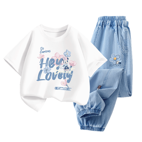 Disney Kids Clothing Children's Set Loose Cotton Big Kids Short Sleeve 2026 Summer New Girls Denim T-Shirt Summer Outfit
