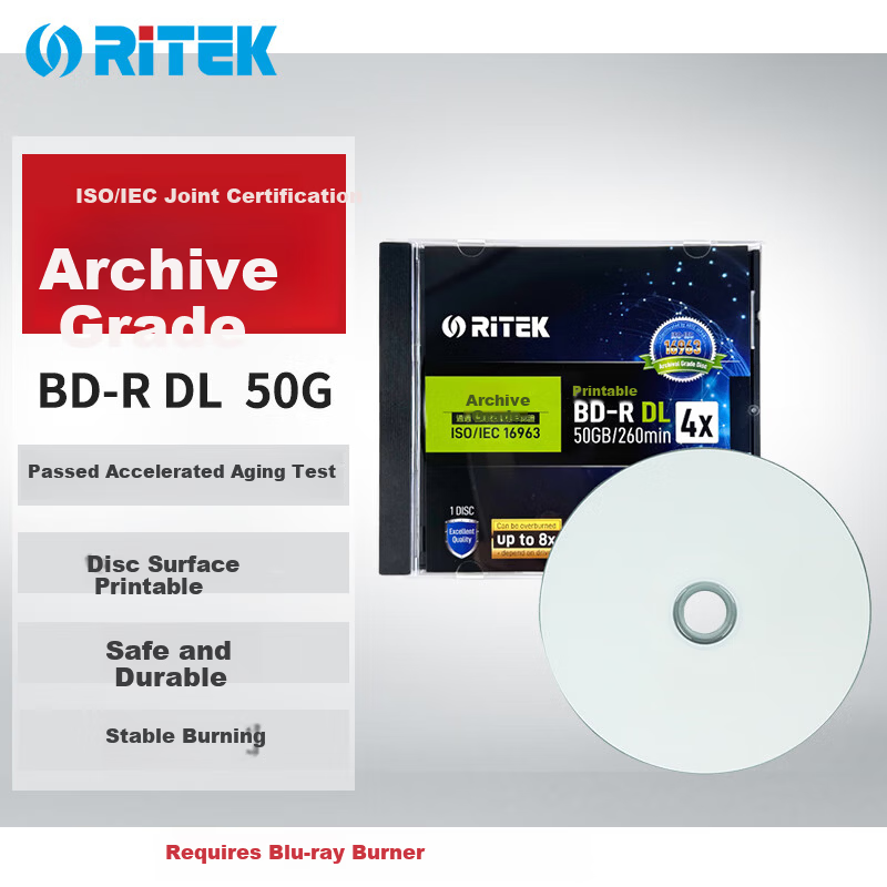 RITEK BD-R DL Printable Blu-ray Disc ISO/IEC16963 Archive Grade Blank Disc 6x Original 50GB Century Storage High Capacity Single Pack