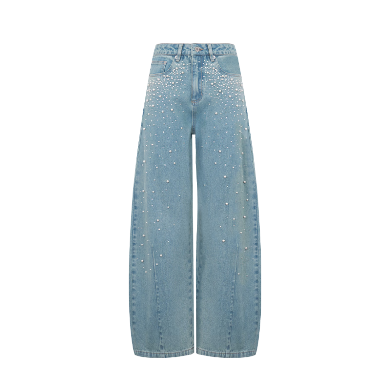 ANN ANDELMAN Curved Blade Wide-Leg Jeans with Sparkling Pearls Washed Vintage Denim Blue 28