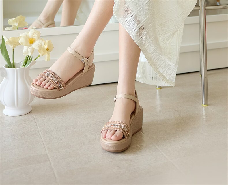 Eierkang Women's Bohemian Style Wedge Sandals Thick Sole Height Increasing Single Strap Sandals 29009W Off-White Size 37 5