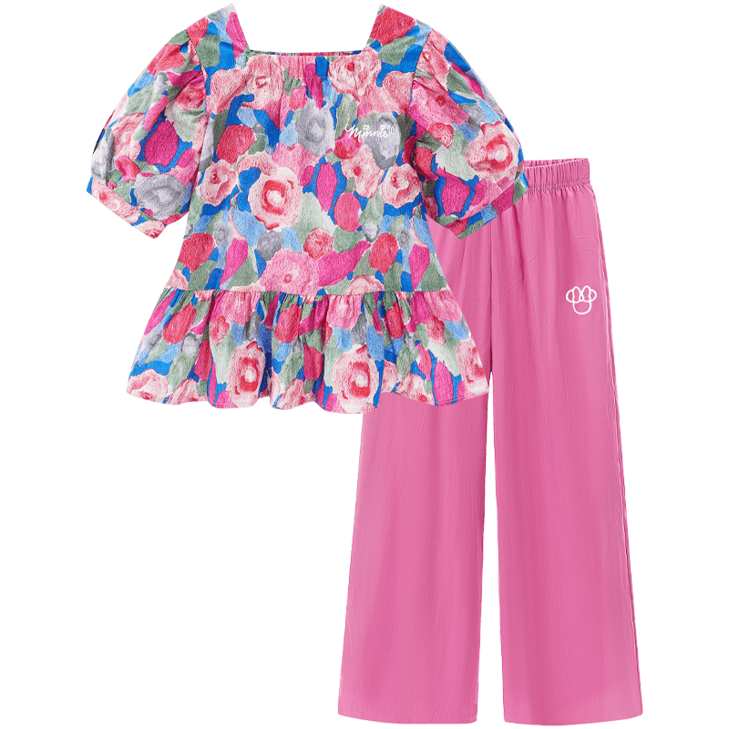 Disney Girls' Short Sleeve T-Shirt Set Summer Floral Cotton Top Two-Piece Set Rose Red 140