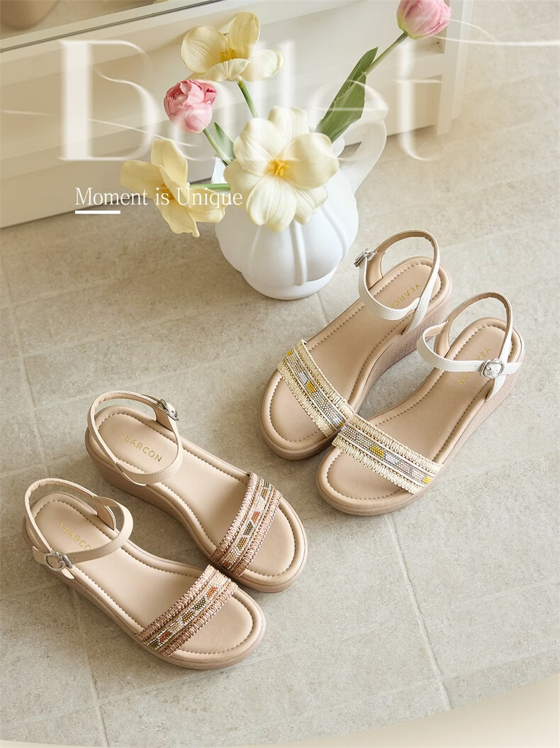 Eierkang Women's Bohemian Style Wedge Sandals Thick Sole Height Increasing Single Strap Sandals 29009W Off-White Size 37 1