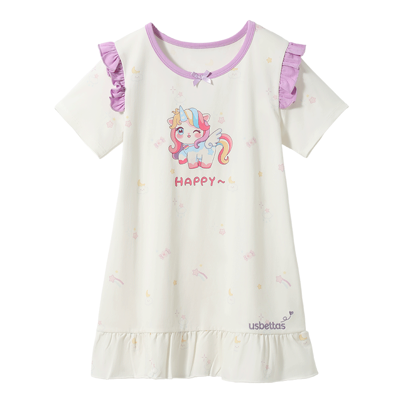 Betis Kids Homewear 2026 Summer New Thin Breathable Short Sleeve Nightdress Girls Pajamas Air Conditioning Dress with Lace