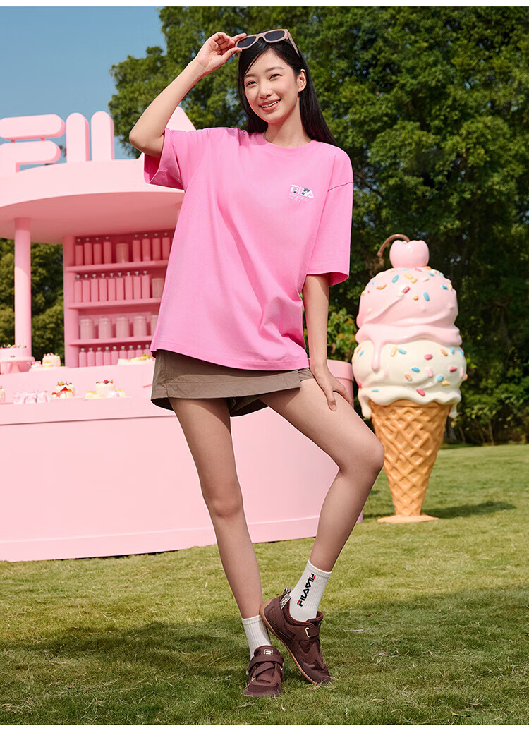 FILA Official Couple's Knitted Short Sleeve Shirt 2026 Summer Fashion Casual Unisex Loose Cat Embroidery T-Shirt 43