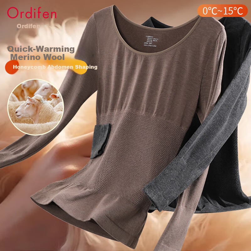 Ordifen Women's Thermal Wool Warm Set Autumn Shirt and Pants Slim Fit High Waist Cotton Wool Base Layer Winter