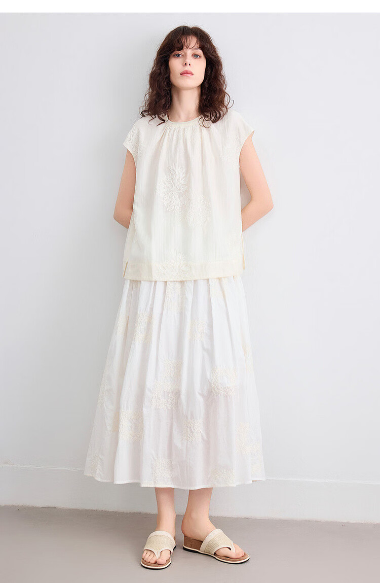 Demana Pure Cotton Poetry Summer Vintage Color-Block Embroidered Elastic Waist Slimming Mid-Length Skirt for Women 15