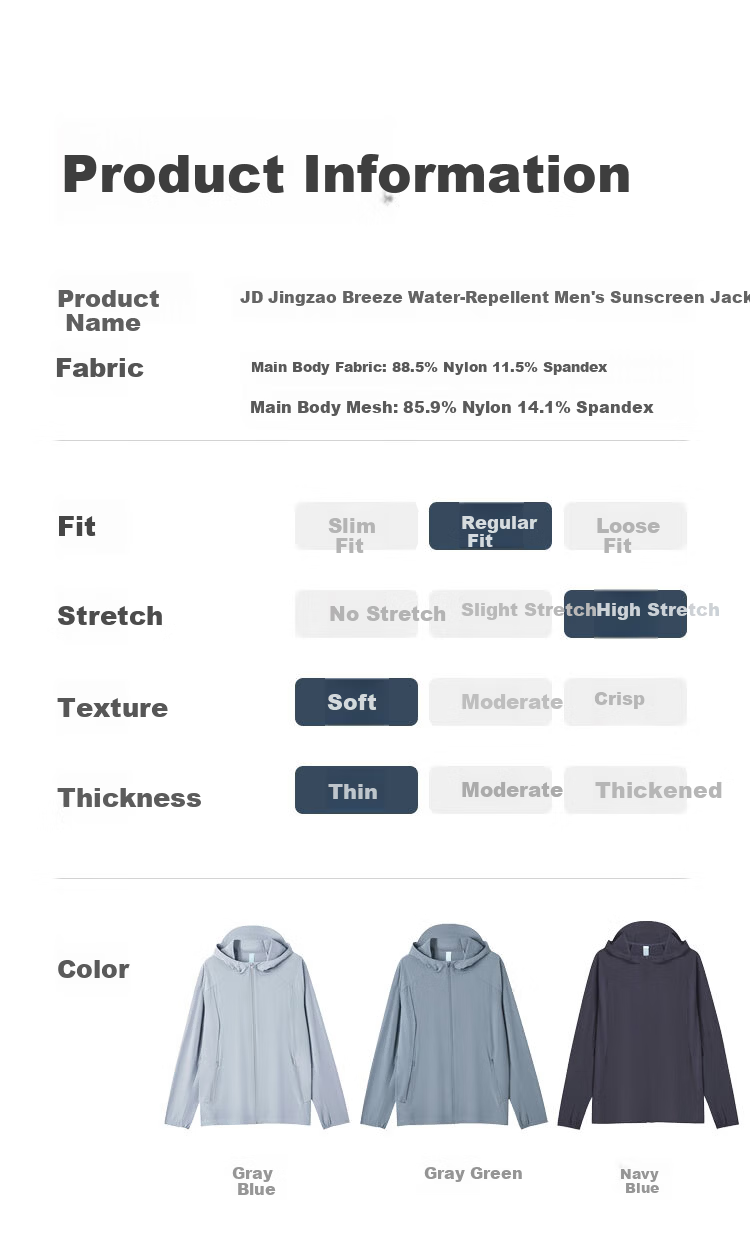 JD Jingzao Water-Repellent Sun-Protective Lightweight Jacket Men's Outdoor Sun Protection Coat Unisex Skin Jacket Dual-Use for Rain and Sun Gray Blue L 17
